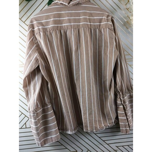 OAK FORT Women's Tan White Striped Button Up Blouse Flare Sleeve Size OS - Picture 9 of 9